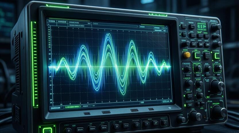 sound wave frequency visualization glowing blue oscilloscope music