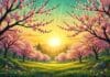 spring equinox sunrise with blooming cherry blossoms and golden light
