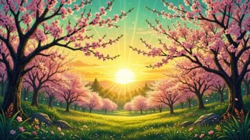 spring equinox sunrise with blooming cherry blossoms and golden light