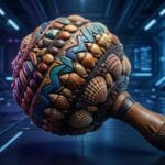 traditional shaman rattle made of wood seeds shells, colorful indigenous craft