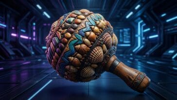 traditional shaman rattle made of wood seeds shells, colorful indigenous craft