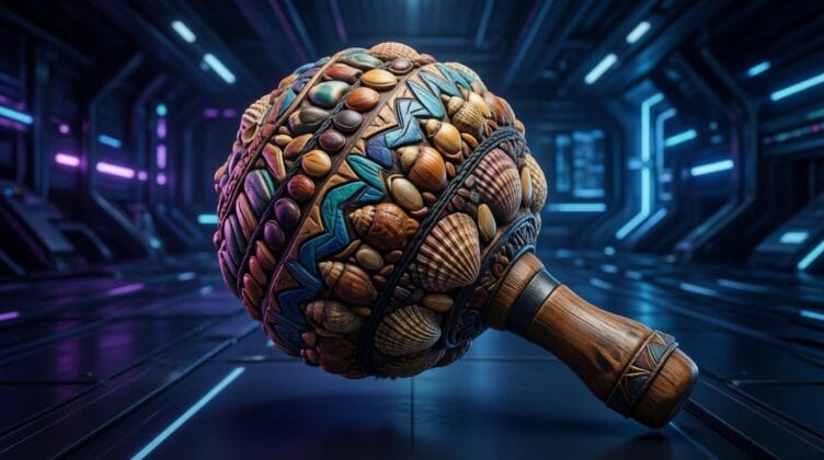 traditional shaman rattle made of wood seeds shells, colorful indigenous craft