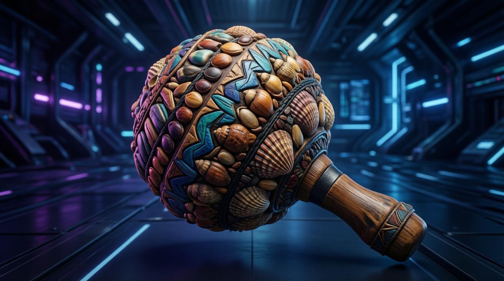 traditional shaman rattle made of wood seeds shells, colorful indigenous craft