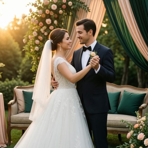 newlyweds dancing outdoors romantic sunset golden light wedding celebration